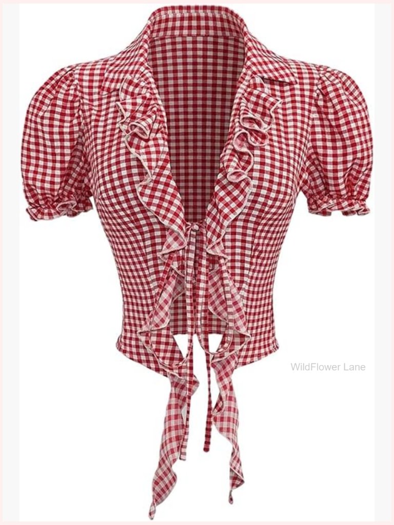 Ruffle Trim Gingham Shirt Puff Sleeve Tie Front Blouse